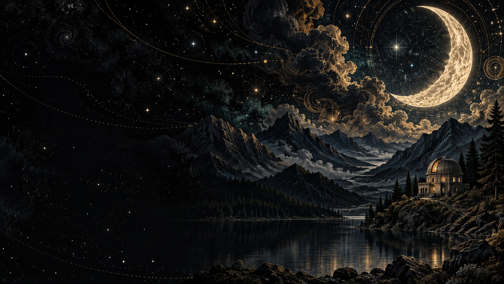 An engraved celestial landscape with a luminous crescent moon, gold-traced clouds, dark mountains, and a small observatory by a lake.